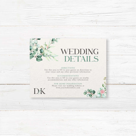 Details insert card with soft green watercolor foliage and monogram design, printed on textured cardstock