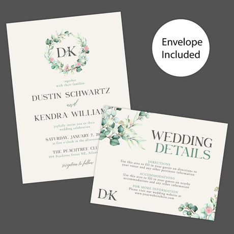 Wedding invitation with botanical wreath monogram, soft watercolor greenery, serif and script fonts on textured white paper - Invite and Details