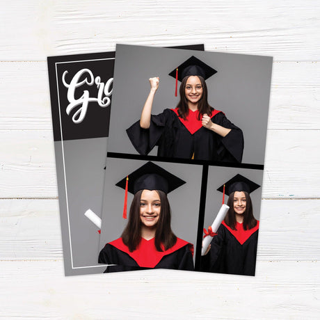 Customizable graduation invitation with a modern split design, featuring a bold graduate title and year at the top and a large photo at the bottom. Matching yard signs and banners available. Back Black and White.