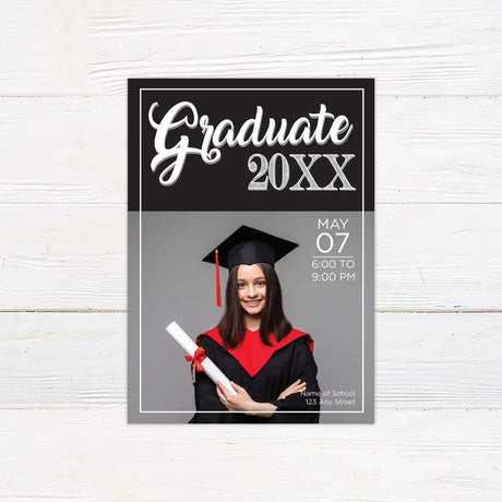 Customizable graduation invitation with a modern split design, featuring a bold graduate title and year at the top and a large photo at the bottom. Matching yard signs and banners available. Black and White.