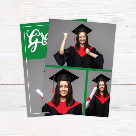 Customizable graduation invitation with a modern split design, featuring a bold graduate title and year at the top and a large photo at the bottom. Matching yard signs and banners available. Back Green.