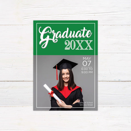 Customizable graduation invitation with a modern split design, featuring a bold graduate title and year at the top and a large photo at the bottom. Matching yard signs and banners available. Green.