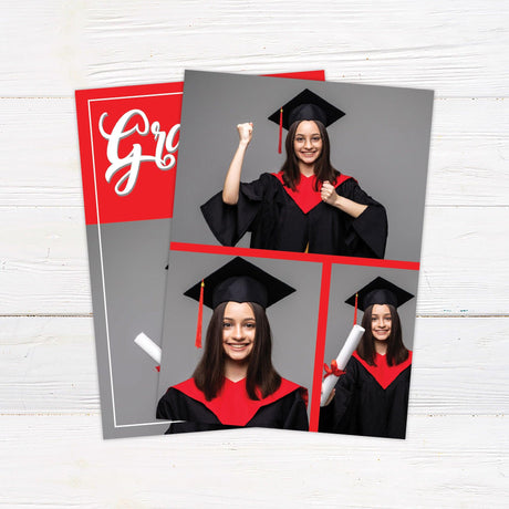 Customizable graduation invitation with a modern split design, featuring a bold graduate title and year at the top and a large photo at the bottom. Matching yard signs and banners available. Back Red.