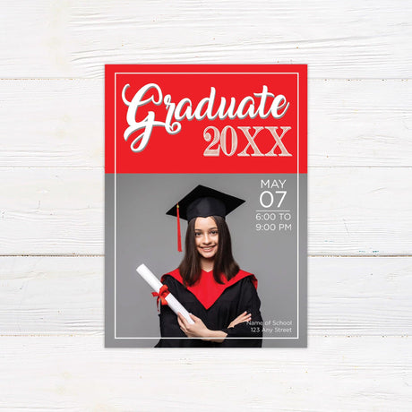 Customizable graduation invitation with a modern split design, featuring a bold graduate title and year at the top and a large photo at the bottom. Matching yard signs and banners available. Red.