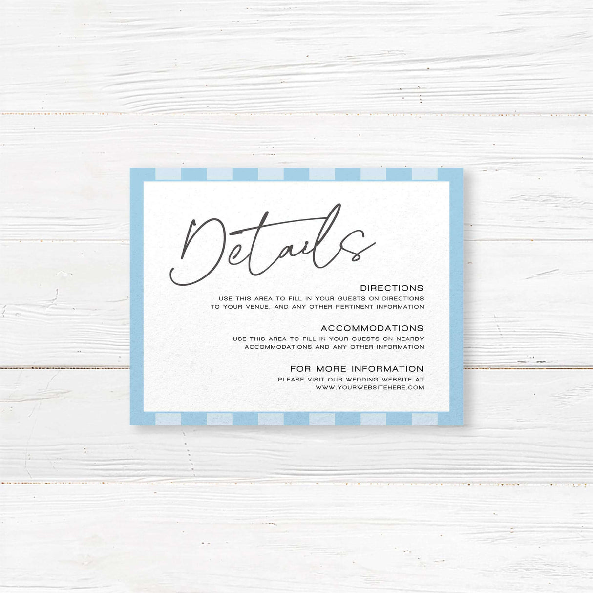 Wedding detail card with alternating soft blue and white vertical stripes, minimalist serif fonts, and clean layout matching the Simply Written wedding suite.