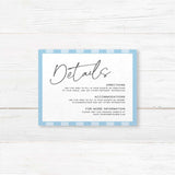 Wedding detail card with alternating soft blue and white vertical stripes, minimalist serif fonts, and clean layout matching the Simply Written wedding suite.