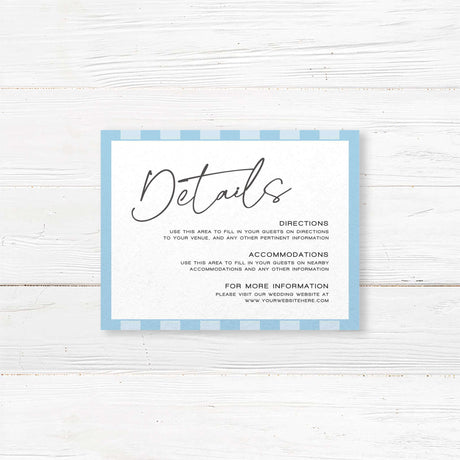 Wedding detail card with alternating soft blue and white vertical stripes, minimalist serif fonts, and clean layout matching the Simply Written wedding suite.