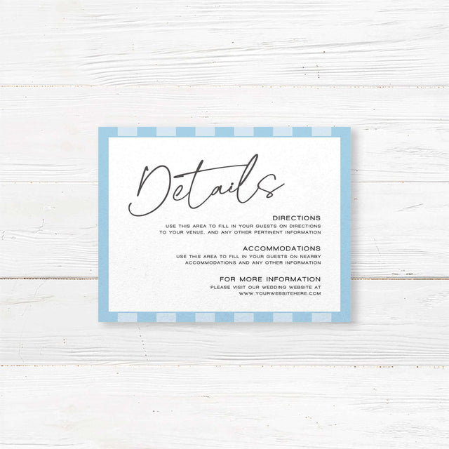 Wedding detail card with alternating soft blue and white vertical stripes, minimalist serif fonts, and clean layout matching the Simply Written wedding suite.