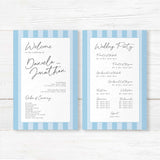 Wedding program with alternating soft blue and white stripes, clean center panel, and handwritten and serif fonts, matching the Simply Written wedding suite for a modern minimalist look.