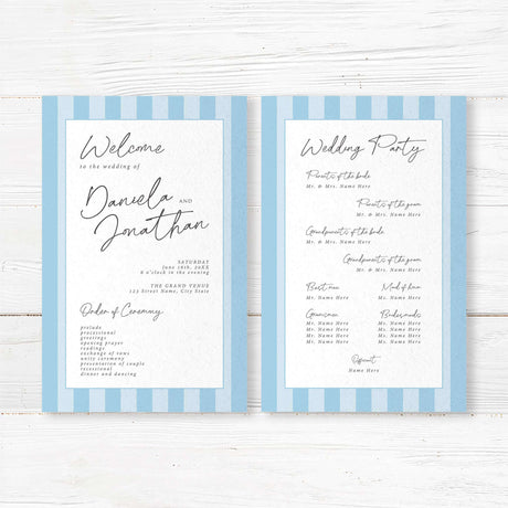 Wedding program with alternating soft blue and white stripes, clean center panel, and handwritten and serif fonts, matching the Simply Written wedding suite for a modern minimalist look.