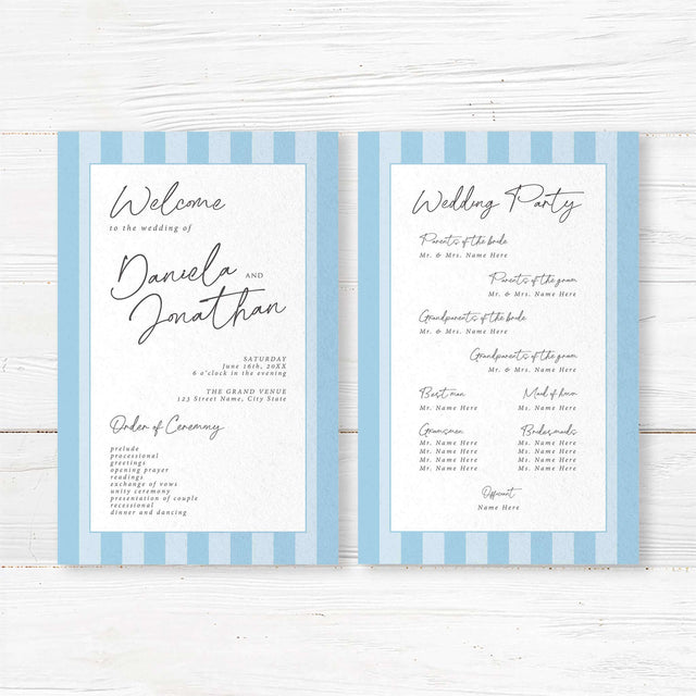 Wedding program with alternating soft blue and white stripes, clean center panel, and handwritten and serif fonts, matching the Simply Written wedding suite for a modern minimalist look.