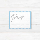Wedding RSVP card featuring soft blue and white vertical stripes, minimalist layout, serif fonts, and clean design matching the Simply Written Soft Blue Stripes suite.