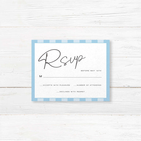 Wedding RSVP card featuring soft blue and white vertical stripes, minimalist layout, serif fonts, and clean design matching the Simply Written Soft Blue Stripes suite.