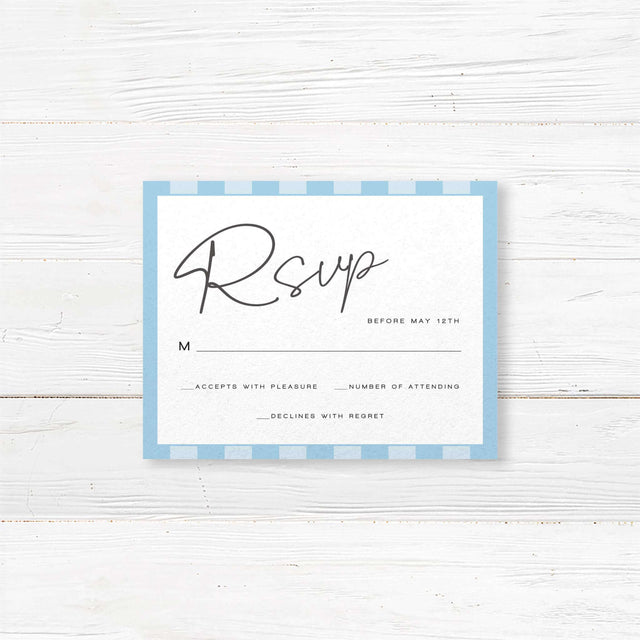 Wedding RSVP card featuring soft blue and white vertical stripes, minimalist layout, serif fonts, and clean design matching the Simply Written Soft Blue Stripes suite.