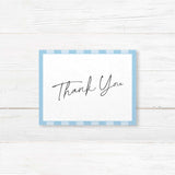 Wedding thank you card with soft blue and white vertical stripes, clean white panel, handwritten and serif fonts, and minimalist layout for the Simply Written suite.