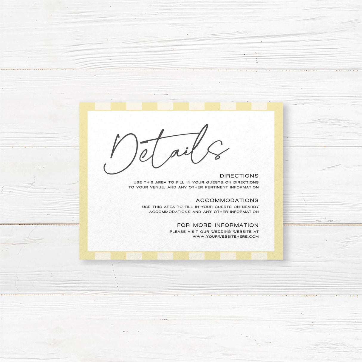 Wedding detail card featuring vertical pale yellow and ivory stripes, a clean white center, and elegant serif fonts, ideal for garden or spring weddings in the Simply Written suite.