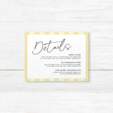 Wedding detail card featuring vertical pale yellow and ivory stripes, a clean white center, and elegant serif fonts, ideal for garden or spring weddings in the Simply Written suite.