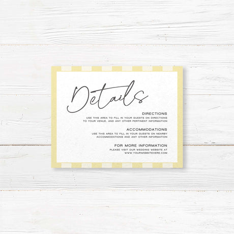 Wedding detail card featuring vertical pale yellow and ivory stripes, a clean white center, and elegant serif fonts, ideal for garden or spring weddings in the Simply Written suite.