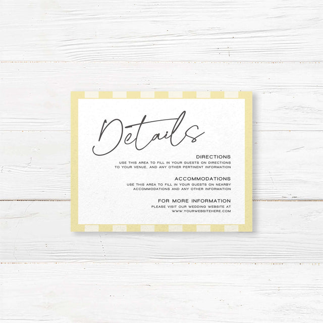 Wedding detail card featuring vertical pale yellow and ivory stripes, a clean white center, and elegant serif fonts, ideal for garden or spring weddings in the Simply Written suite.