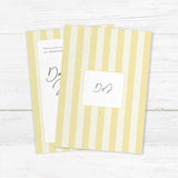 Wedding invitation featuring vertical pale yellow and ivory stripes, a white center panel, and a modern mix of handwritten script and serif fonts, ideal for minimalist spring or garden weddings.= back side