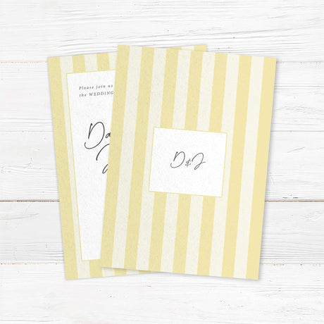 Wedding invitation featuring vertical pale yellow and ivory stripes, a white center panel, and a modern mix of handwritten script and serif fonts, ideal for minimalist spring or garden weddings.= back side