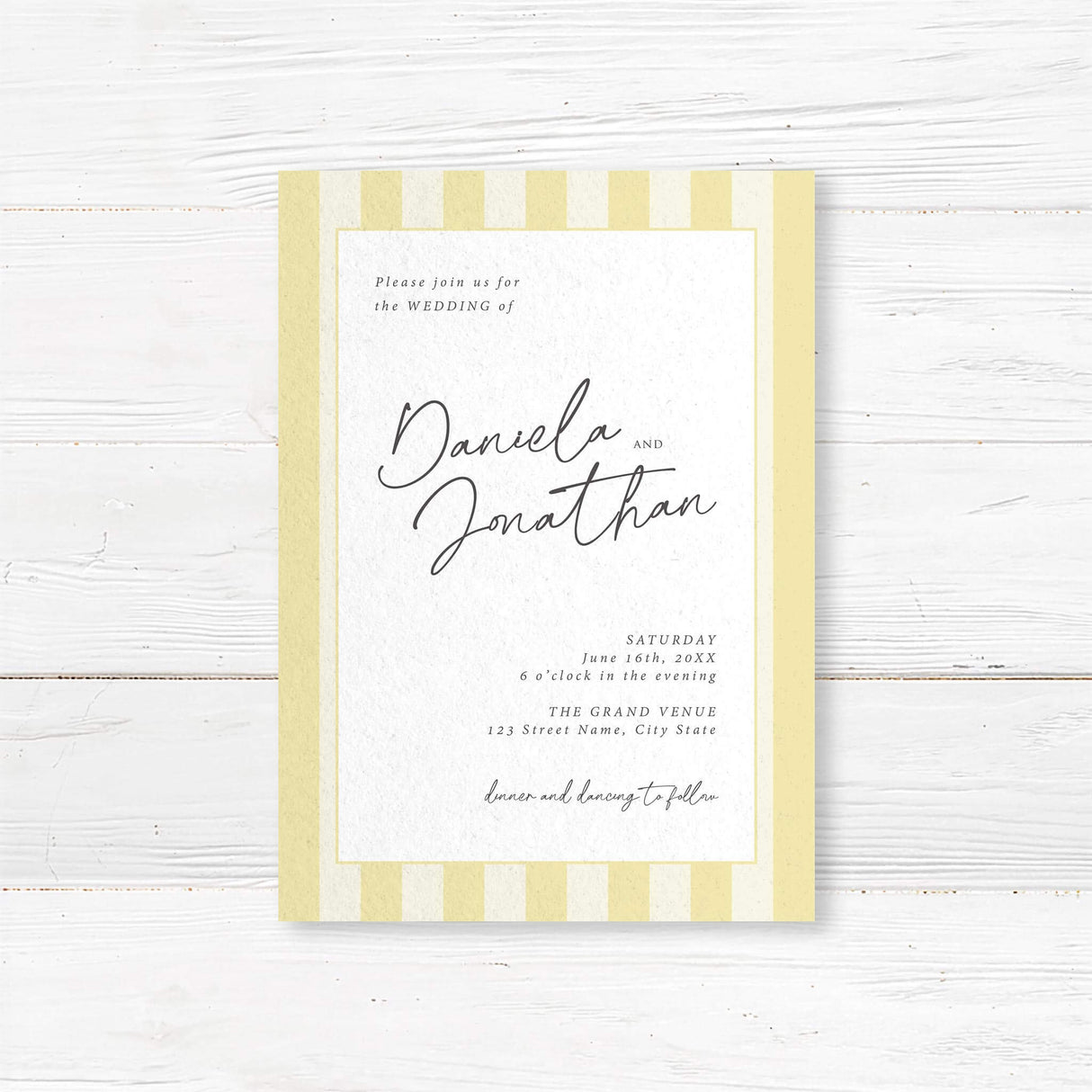 Wedding invitation featuring vertical pale yellow and ivory stripes, a white center panel, and a modern mix of handwritten script and serif fonts, ideal for minimalist spring or garden weddings.