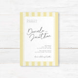 Wedding invitation featuring vertical pale yellow and ivory stripes, a white center panel, and a modern mix of handwritten script and serif fonts, ideal for minimalist spring or garden weddings.