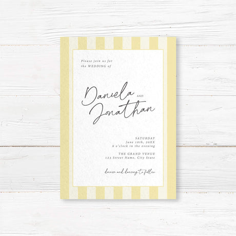Wedding invitation featuring vertical pale yellow and ivory stripes, a white center panel, and a modern mix of handwritten script and serif fonts, ideal for minimalist spring or garden weddings.
