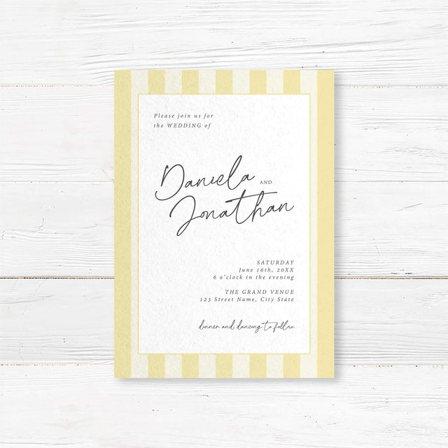 Wedding invitation featuring vertical pale yellow and ivory stripes, a white center panel, and a modern mix of handwritten script and serif fonts, ideal for minimalist spring or garden weddings.