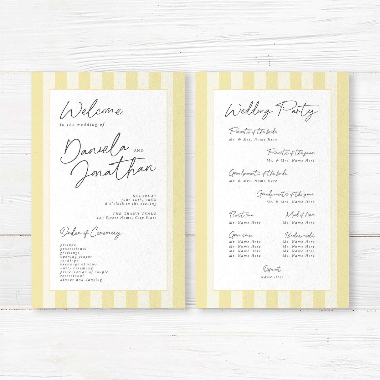Wedding program with vertical soft yellow and ivory stripes, a white center panel, and a mix of serif and handwritten fonts matching the Simply Written Soft Yellow Stripes suite.