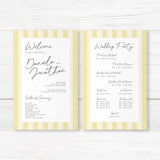 Wedding program with vertical soft yellow and ivory stripes, a white center panel, and a mix of serif and handwritten fonts matching the Simply Written Soft Yellow Stripes suite.