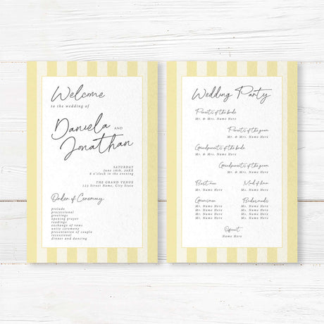 Wedding program with vertical soft yellow and ivory stripes, a white center panel, and a mix of serif and handwritten fonts matching the Simply Written Soft Yellow Stripes suite.
