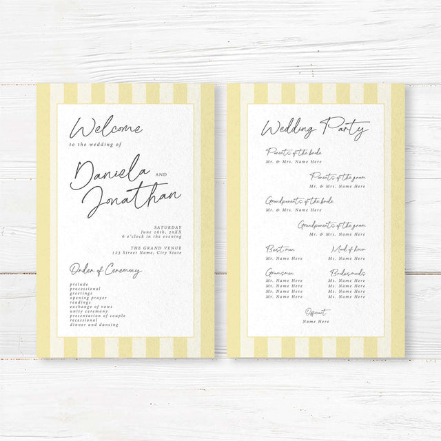 Wedding program with vertical soft yellow and ivory stripes, a white center panel, and a mix of serif and handwritten fonts matching the Simply Written Soft Yellow Stripes suite.