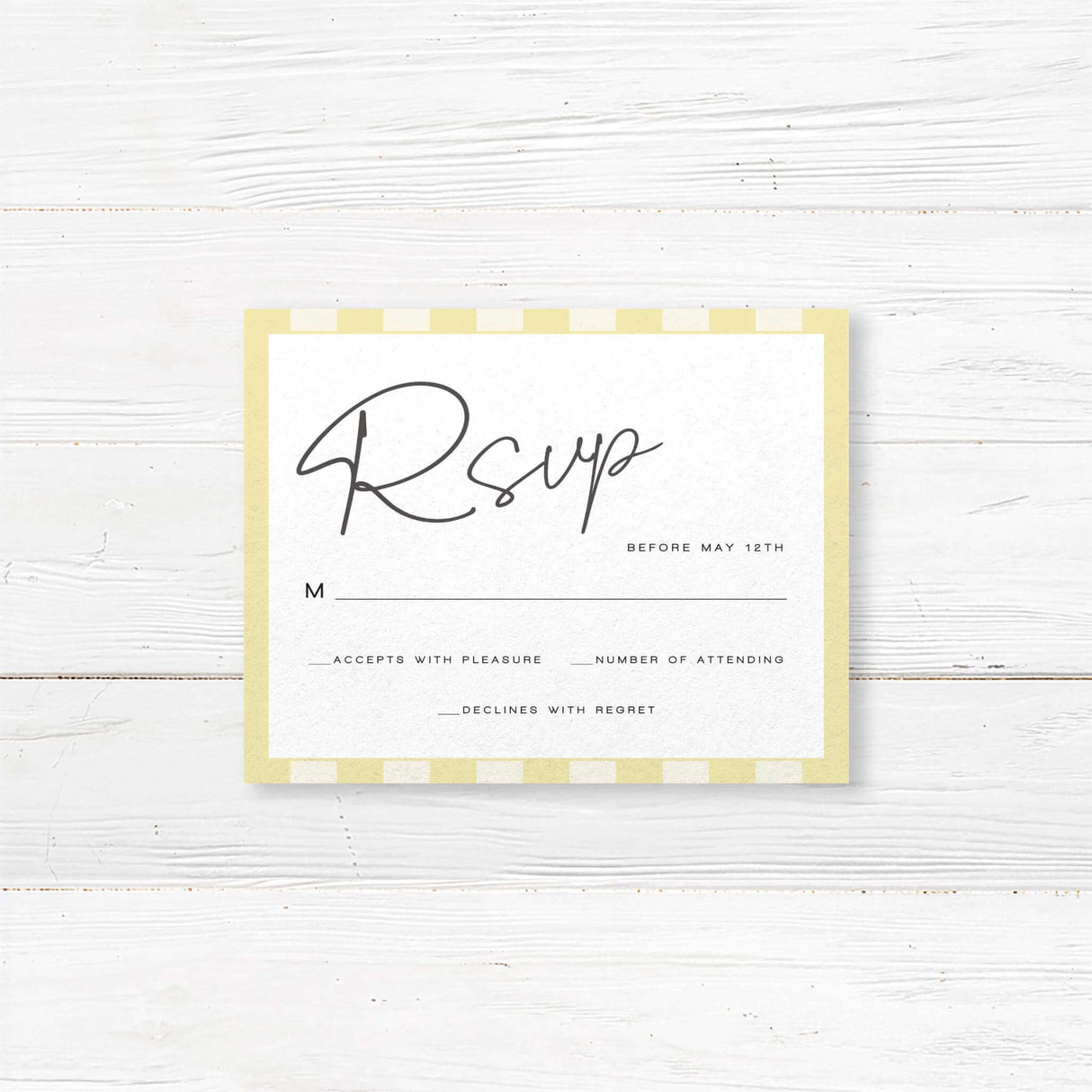 Wedding RSVP card with vertical pale yellow and ivory stripes, minimalist layout, serif fonts, and white center panel to match the Simply Written Soft Yellow Stripes invitation suite.