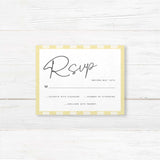 Wedding RSVP card with vertical pale yellow and ivory stripes, minimalist layout, serif fonts, and white center panel to match the Simply Written Soft Yellow Stripes invitation suite.
