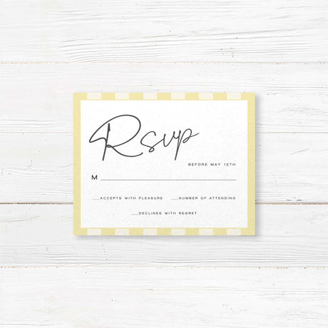 Wedding RSVP card with vertical pale yellow and ivory stripes, minimalist layout, serif fonts, and white center panel to match the Simply Written Soft Yellow Stripes invitation suite.