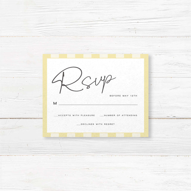 Wedding RSVP card with vertical pale yellow and ivory stripes, minimalist layout, serif fonts, and white center panel to match the Simply Written Soft Yellow Stripes invitation suite.