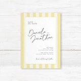 Save the Date card with vertical pale yellow and ivory stripes, minimalist white panel, and a mix of handwritten script and serif fonts to match the Simply Written suite.