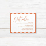 Wedding detail card with warm terracotta and soft neutral stripes, classic serif fonts, and minimalist white center panel matching the Simply Written wedding stationery suite.