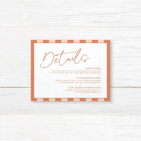 Wedding detail card with warm terracotta and soft neutral stripes, classic serif fonts, and minimalist white center panel matching the Simply Written wedding stationery suite.