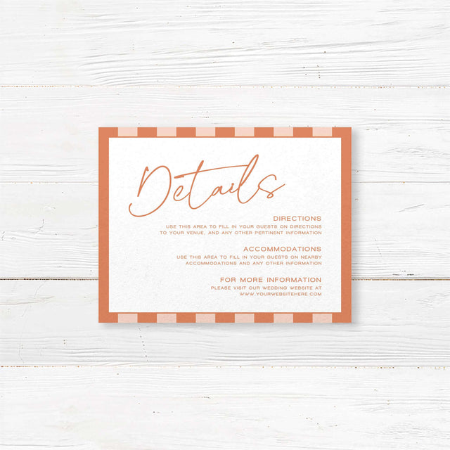 Wedding detail card with warm terracotta and soft neutral stripes, classic serif fonts, and minimalist white center panel matching the Simply Written wedding stationery suite.