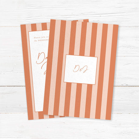 Modern wedding invitation with vertical terracotta and neutral stripes, minimalist white panel, handwritten and serif font combination for a stylish fall or rustic wedding design. - back side