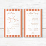 Wedding program with vertical terracotta and neutral stripes, white center panel, modern handwritten and serif fonts, part of the Simply Written Terracotta Stripes suite.