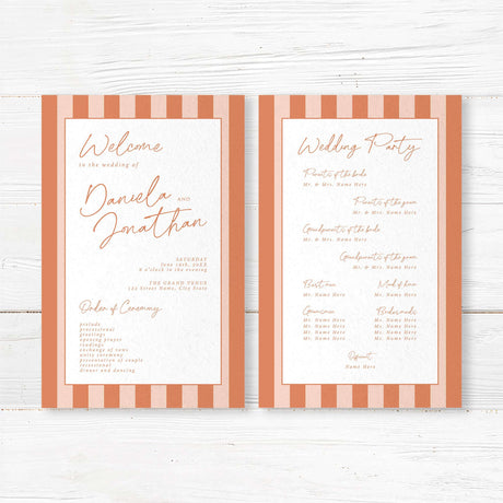 Wedding program with vertical terracotta and neutral stripes, white center panel, modern handwritten and serif fonts, part of the Simply Written Terracotta Stripes suite.