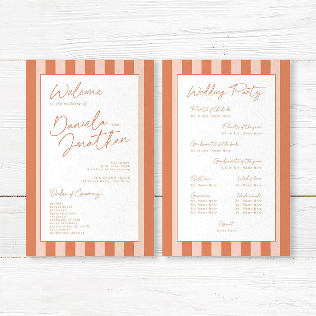 Wedding program with vertical terracotta and neutral stripes, white center panel, modern handwritten and serif fonts, part of the Simply Written Terracotta Stripes suite.
