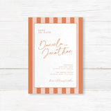 Save the Date card with vertical terracotta and neutral stripes, clean white panel, modern script and serif fonts for a fall, rustic, or minimalist wedding announcement.