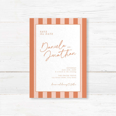 Save the Date card with vertical terracotta and neutral stripes, clean white panel, modern script and serif fonts for a fall, rustic, or minimalist wedding announcement.