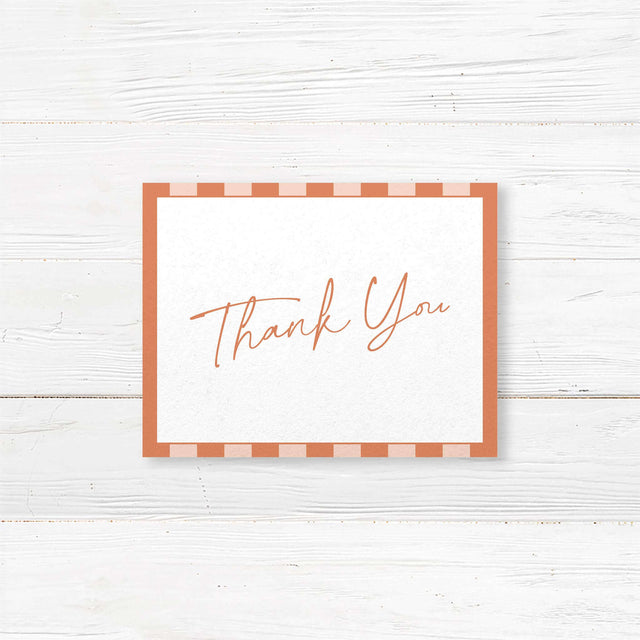 Wedding thank you card with vertical terracotta and neutral stripes, white center panel, handwritten script and serif fonts, matching Simply Written wedding stationery.