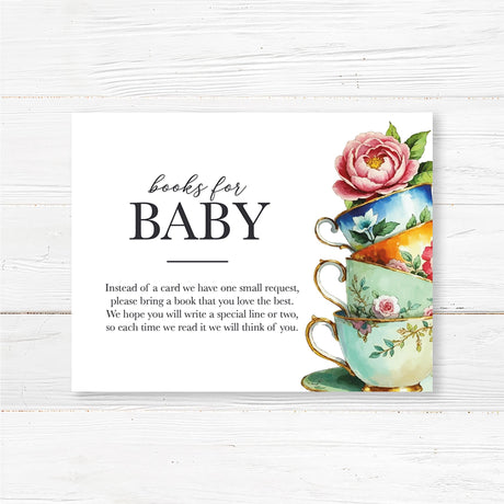 Beautiful Sip and See baby shower books for baby featuring a stack of vintage floral tea cups with a blooming pink peony on top. Designed in a watercolor style, this elegant printed invitation has a minimalist white background with classic script and serif fonts for a timeless look. Ideal for tea-themed baby welcome parties, this invitation is professionally printed on premium cardstock and includes matching envelopes for a polished presentation.