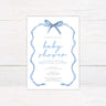 Baby shower invitation with a soft blue ribbon border and elegant script font. Features event details, RSVP information, and registry details. Perfect for celebrating an upcoming arrival.